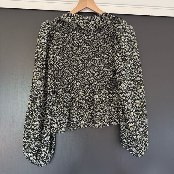 ASTR The Label Black Blue Ditsy Floral Peasant Preppy Chiffon Ruffle Top sz S - Picture 5 of 5